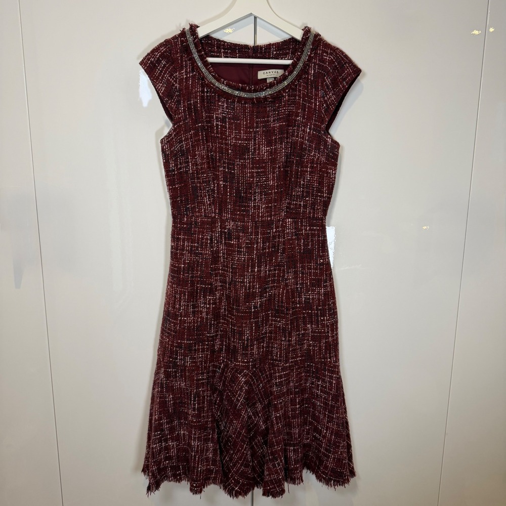 Lands End Canvas Dress SZ 4 Burgundy Tweed Fit, Flare Beaded Boat Neck Cap woman